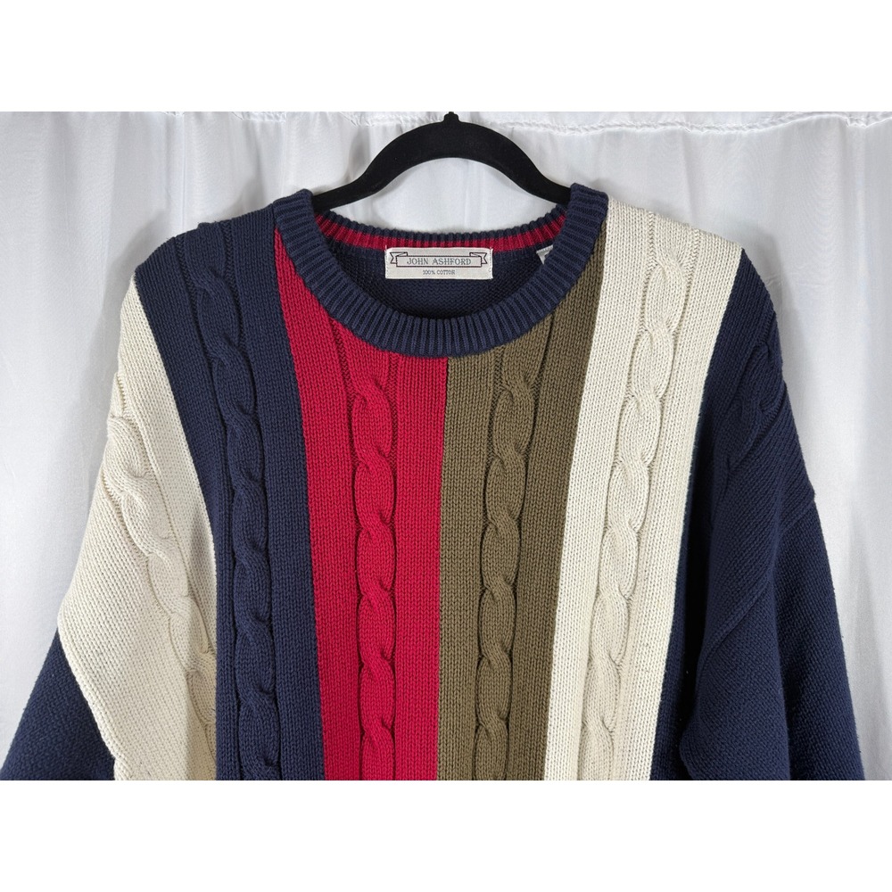 Vintage John Ashford Mens XL 100%‎ Cotton Cable Knit Color Block Sweater Preppy - Picture 2 of 8